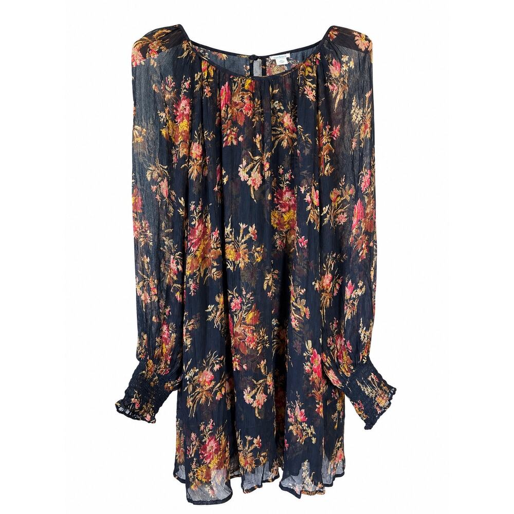 Sundance Women’s Medium Navy Floral Cupro Shift Dress Boho Long Sleeve Lined